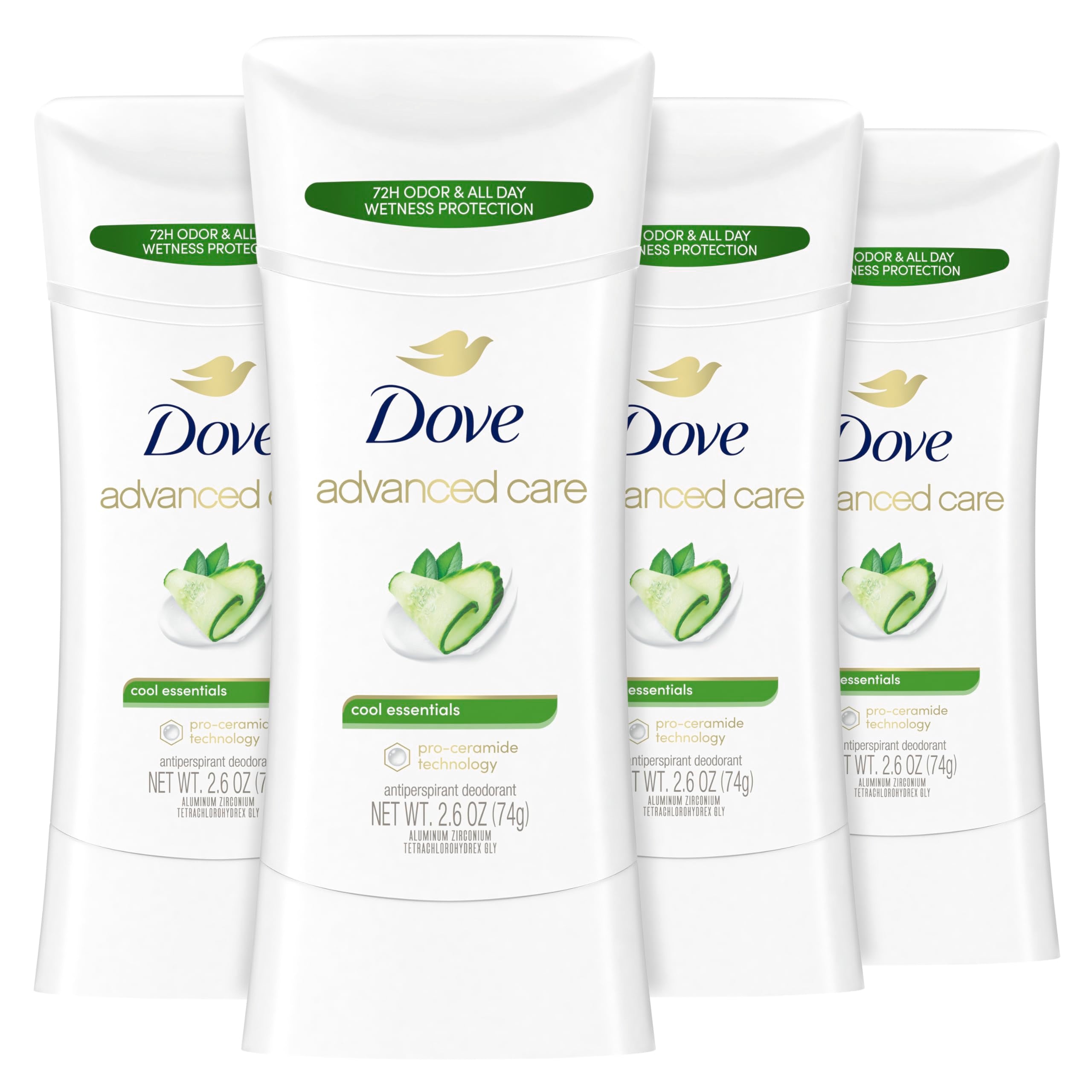 Dove Advanced Care Cool Essentials stick close-up, skin barrier support after shaving.