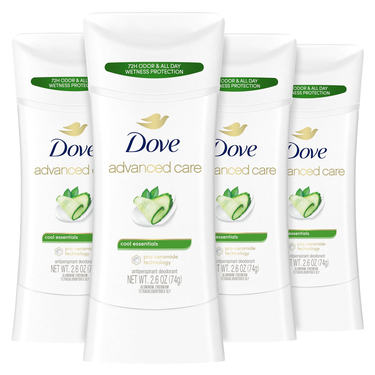 Dove Advanced Care Cool Essentials stick close-up, skin barrier support after shaving.