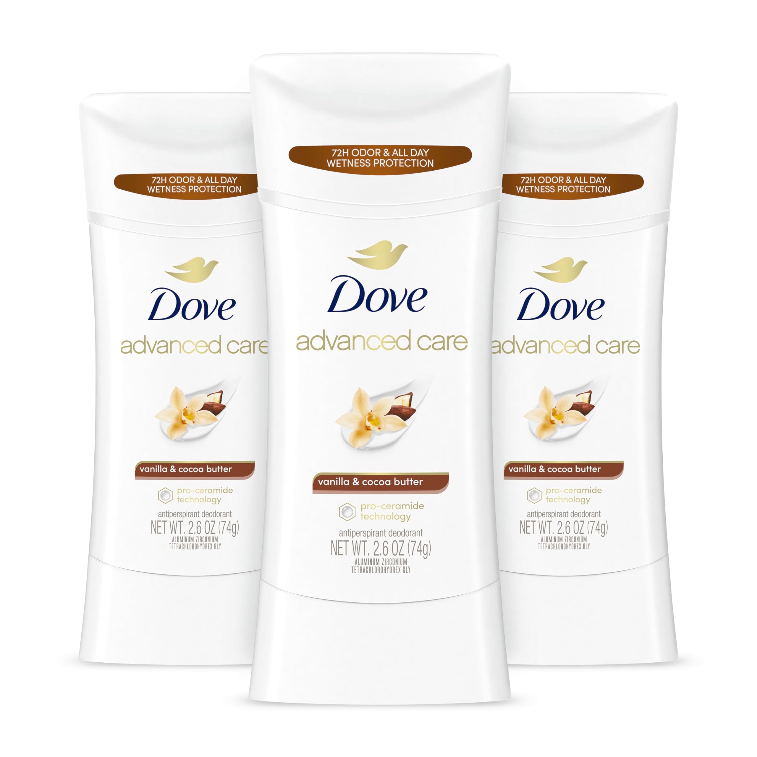 Dove Advanced Care Stick Vanille et Beurre de Cacao – emballage prêt à emporter.