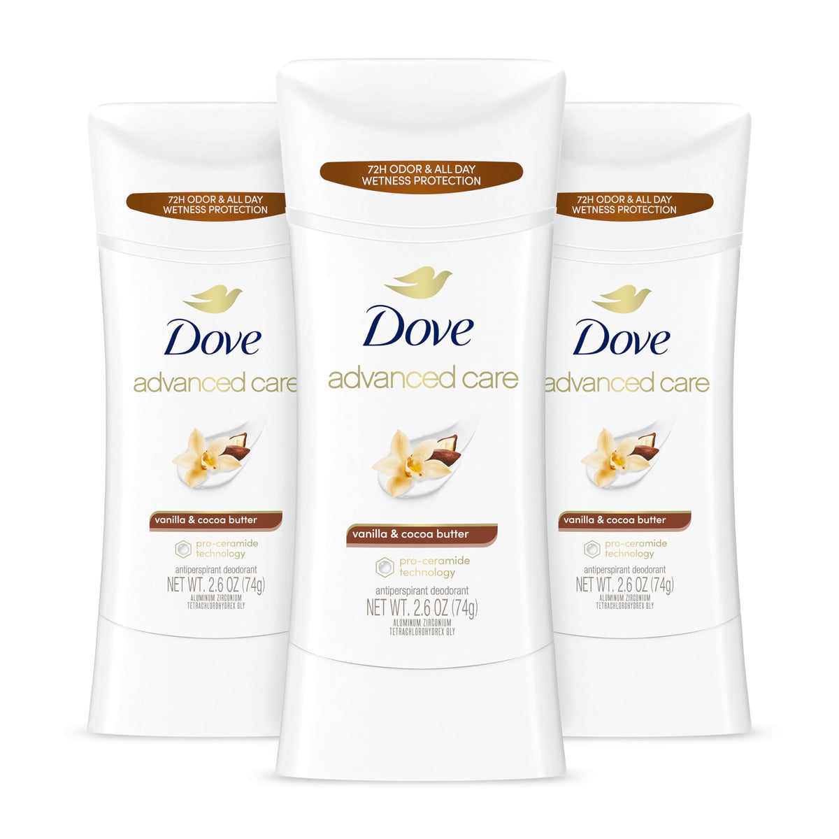 Dove Advanced Care Stick Vanille et Beurre de Cacao – emballage prêt à emporter.
