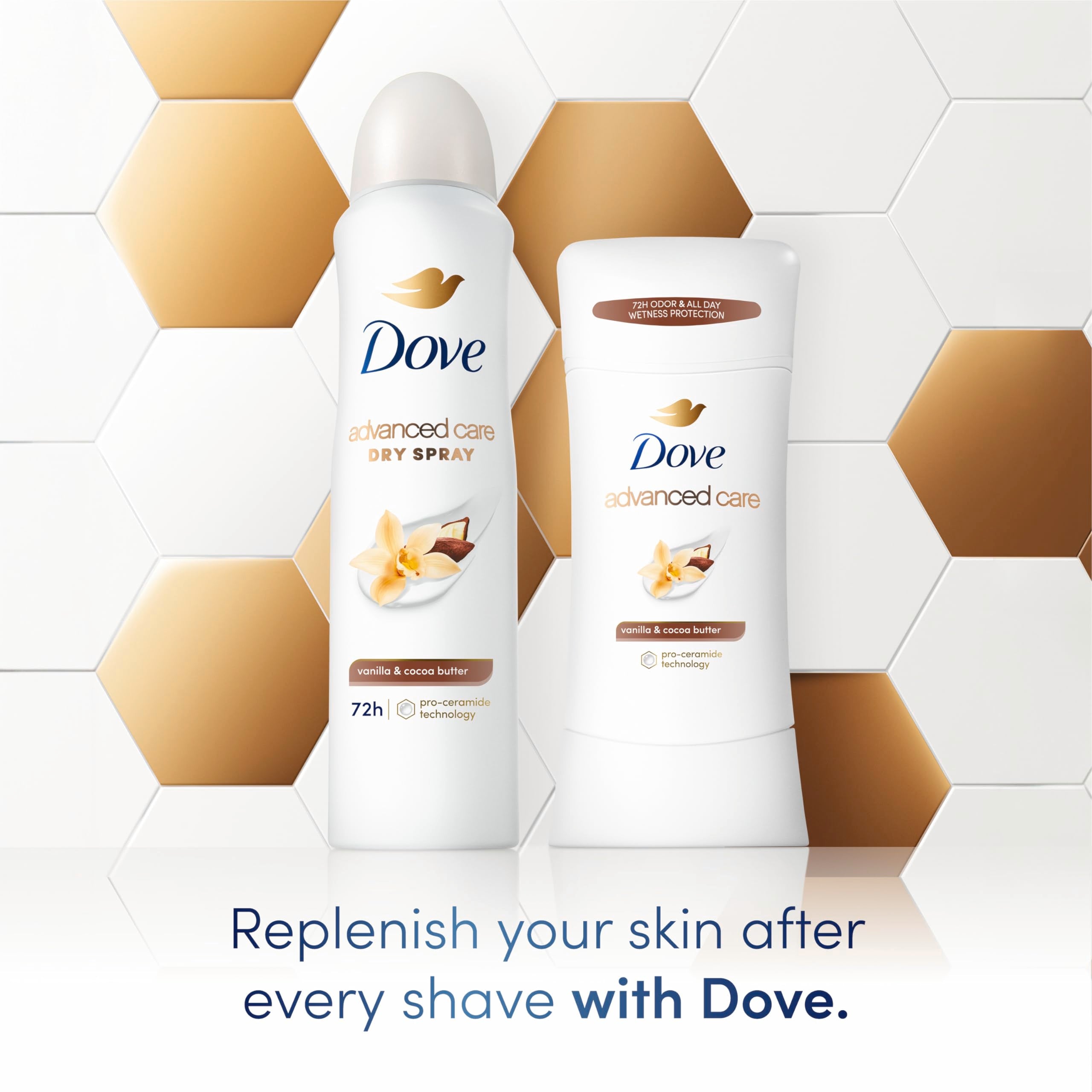Texture sèche rapide, Dove Advanced Care Stick Vanille et Beurre de Cacao.