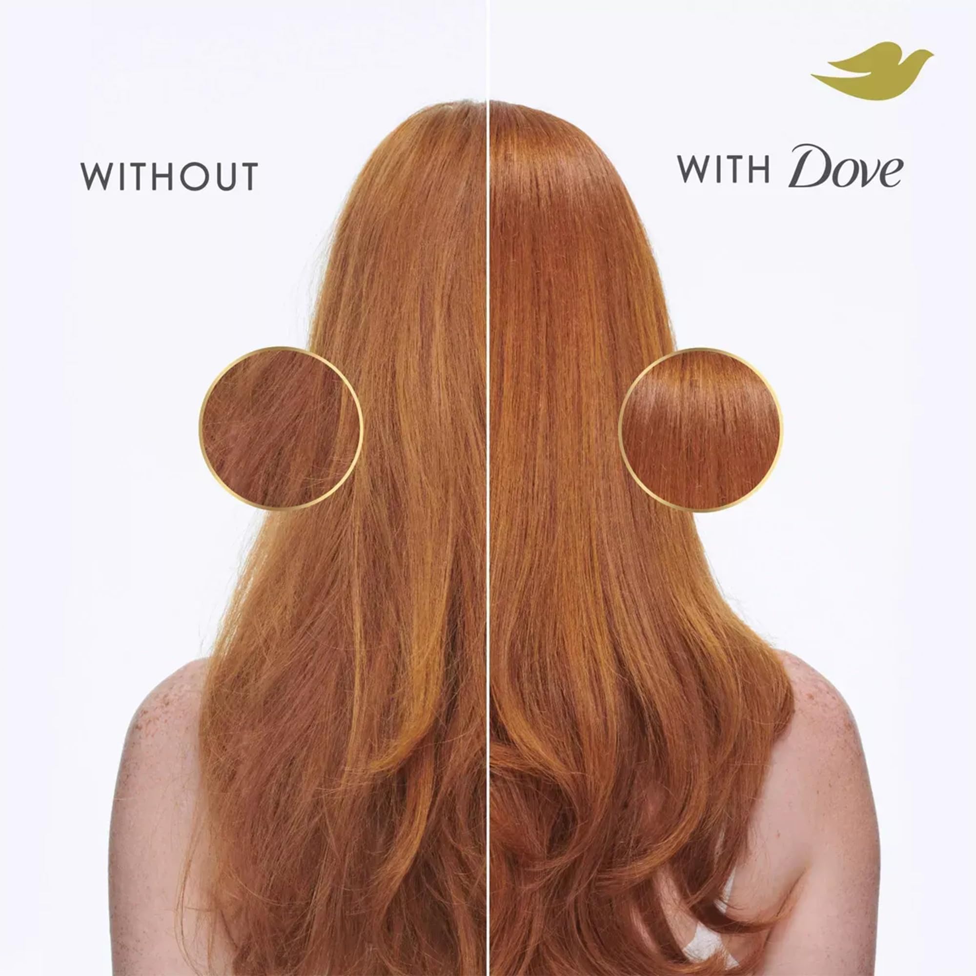Contrôle anti-frizz Dove, facilité de coiffage et brillance naturelle.