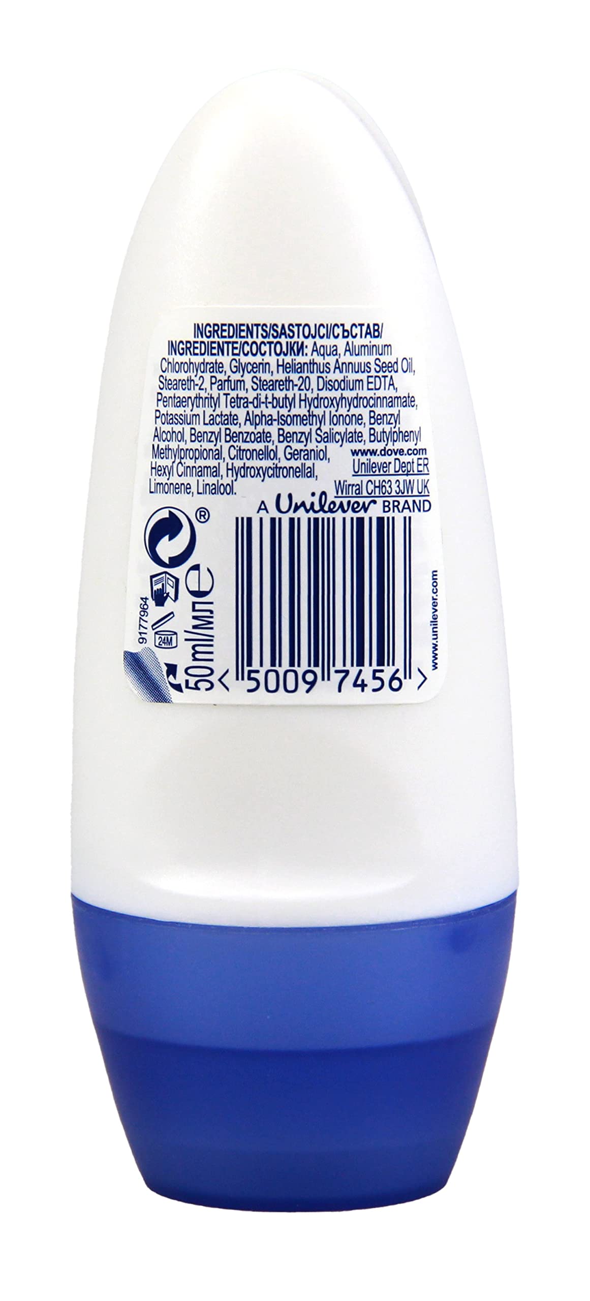 Dove Antiperspirant Original, emballage et étiquette montrant le produit prêt à l'emploi