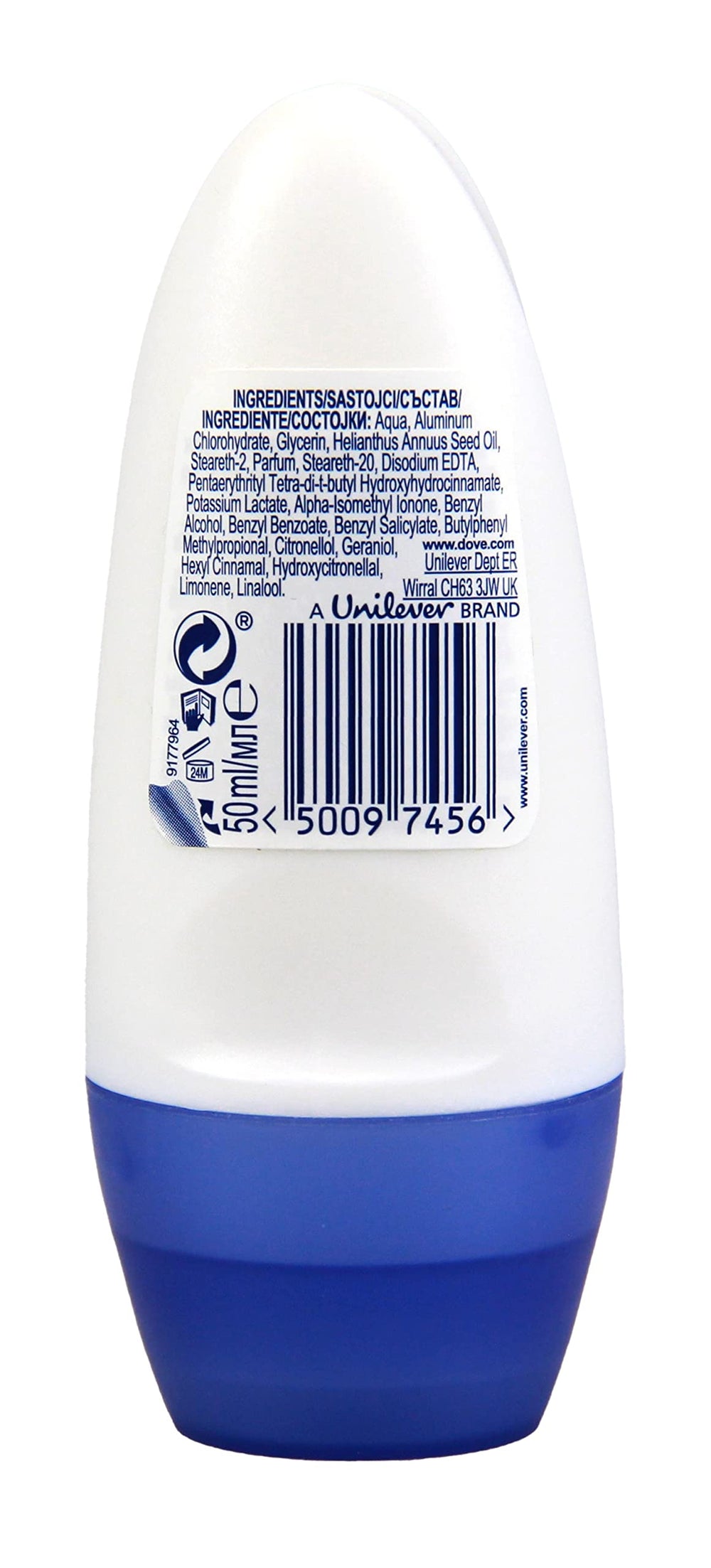 Dove Antiperspirant Original, emballage et étiquette montrant le produit prêt à l'emploi