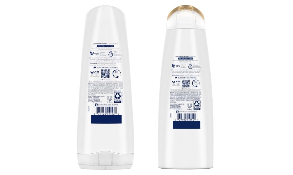Après-shampoing épaisissant Dove en bouteille démêle en douceur.