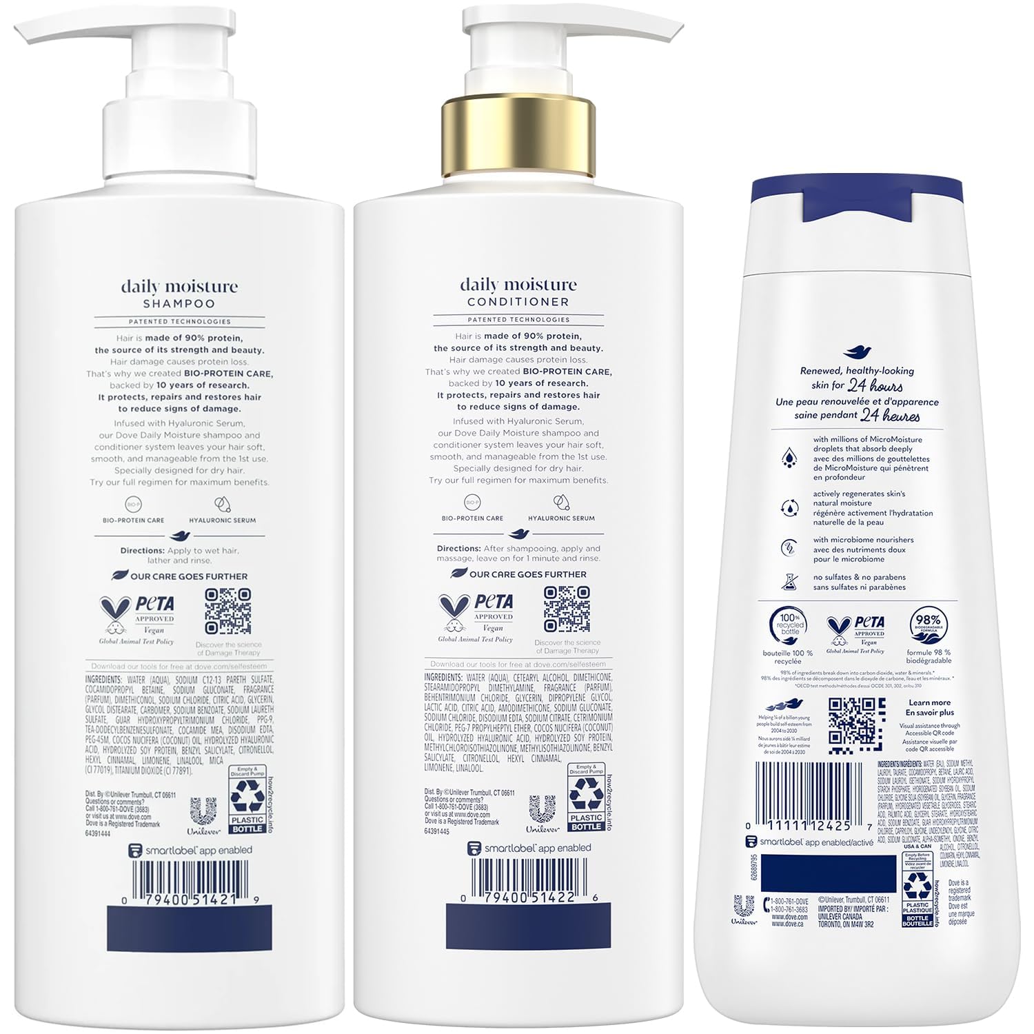 Après-shampooing hydratant Dove, flacon prêt à lisser et démêler les longueurs.