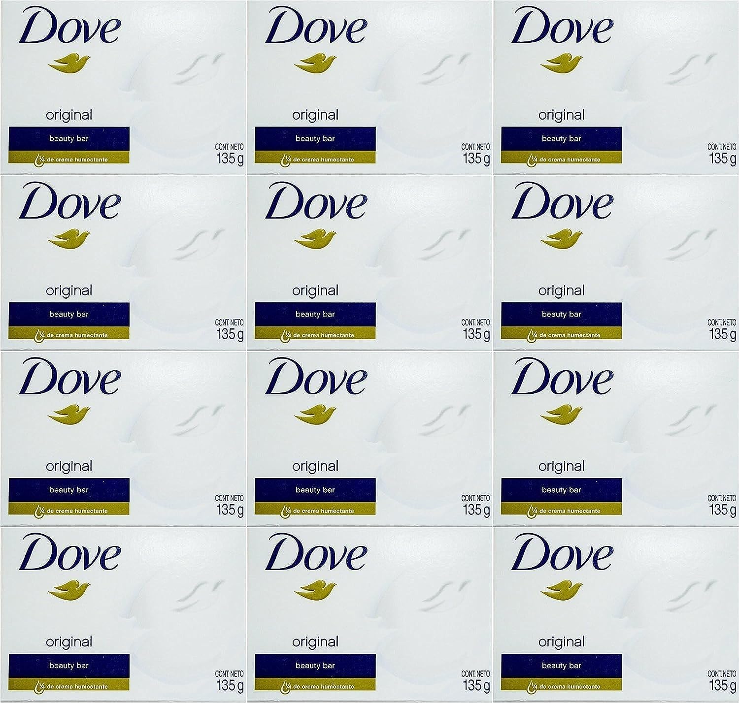 Barre Dove Creme Blanche 135 g en boite de douze, hydratation douce