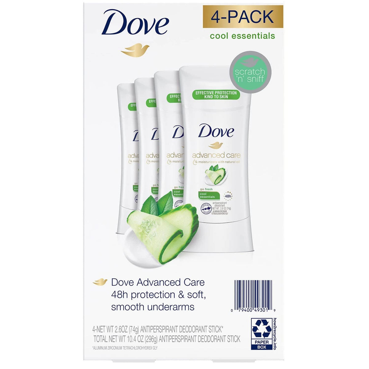 Dove déodorant en bâton Cool Essentials emballage soigné, prêt à l'emploi.