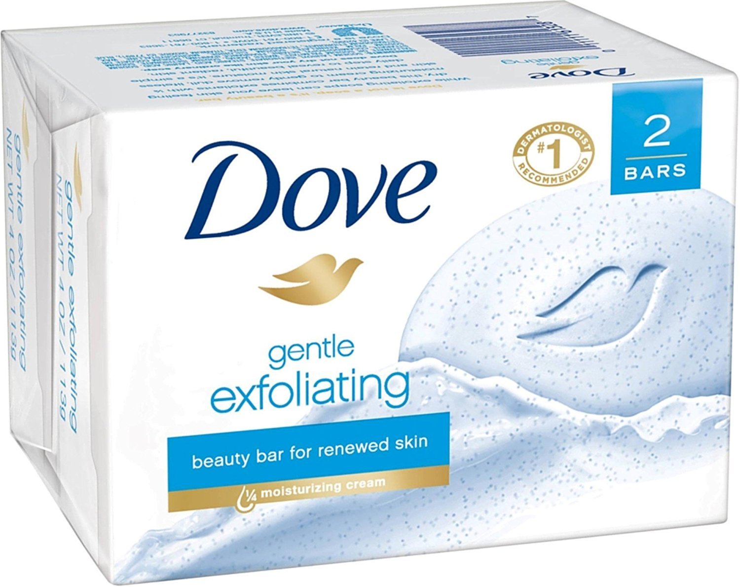 Barre Dove Beauté exfoliante douce, paquet avec deux barres visibles.