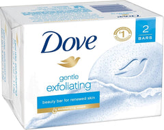 Barre Dove Beauté exfoliante douce, paquet avec deux barres visibles.
