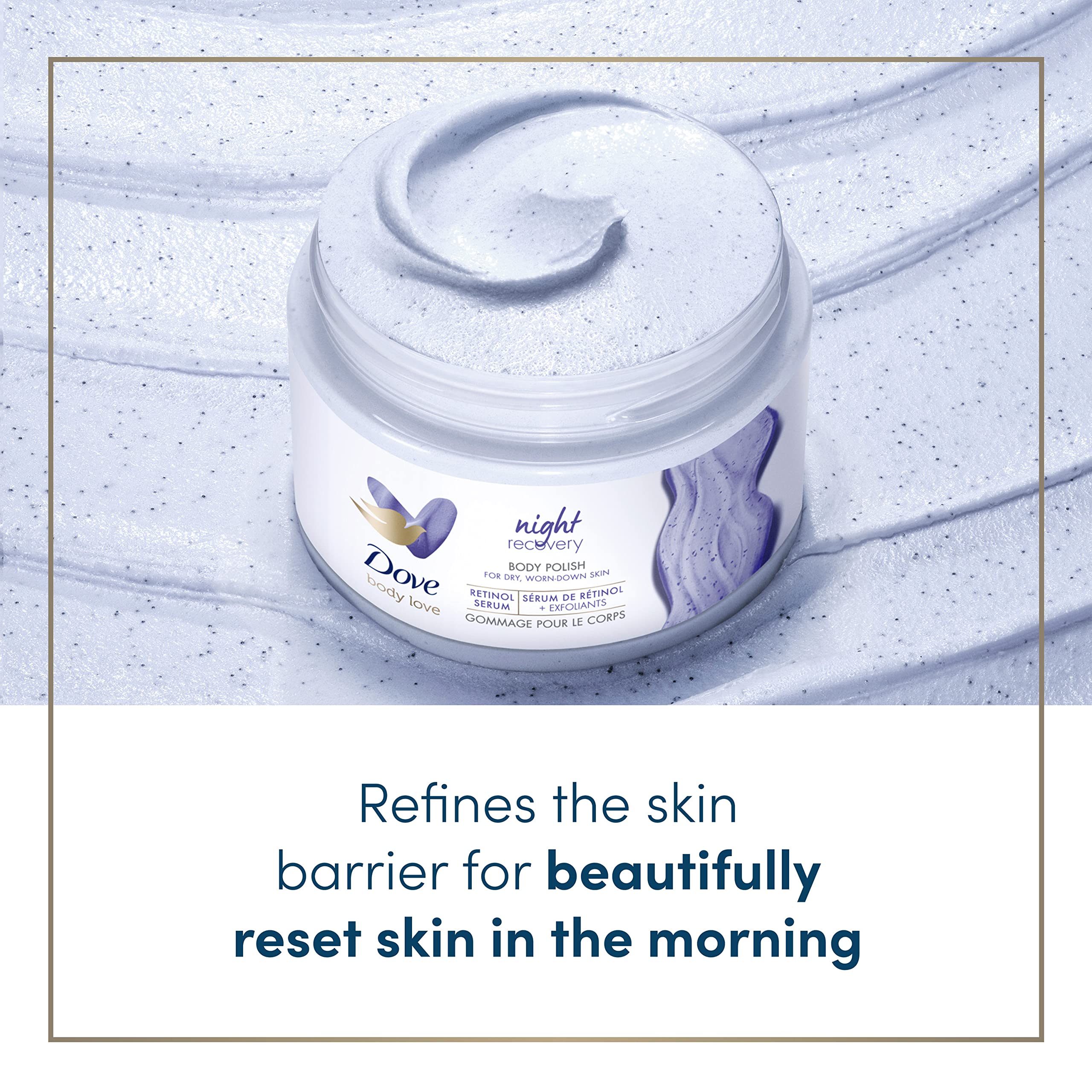 Dove Body Love Night Recovery grains exfoliants pour peau plus lisse.