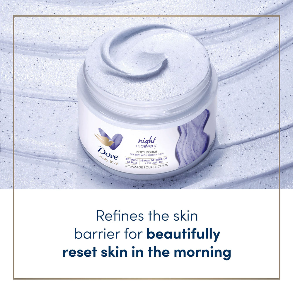 Dove Body Love Night Recovery grains exfoliants pour peau plus lisse.