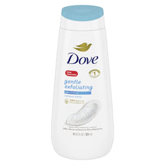 Dove exfoliant doux pour le corps, bouteille, exfolie en douceur et nourrit.