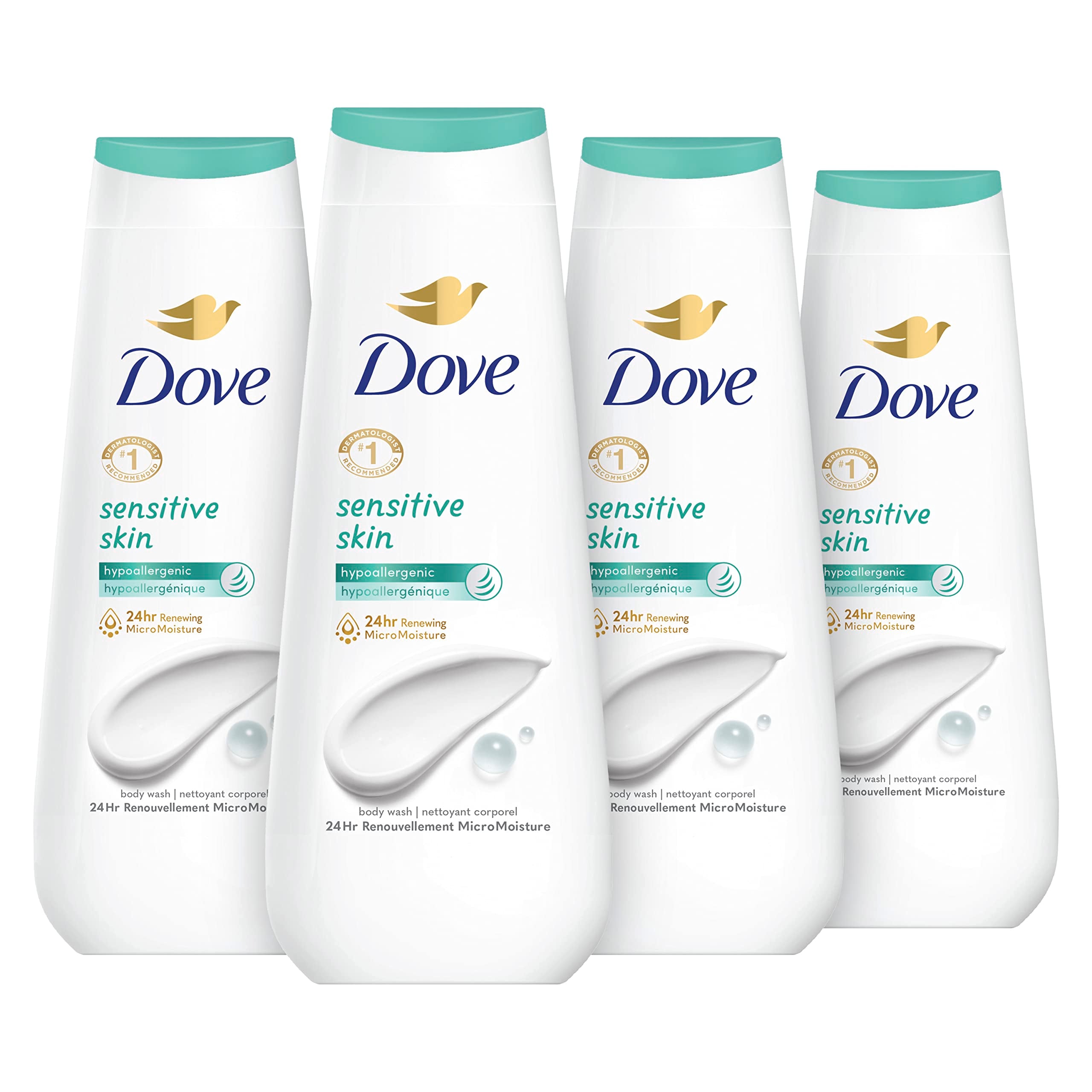 Bouteilles Dove pour peau sensible, pack 4x600 ml, pratique et hydratant.