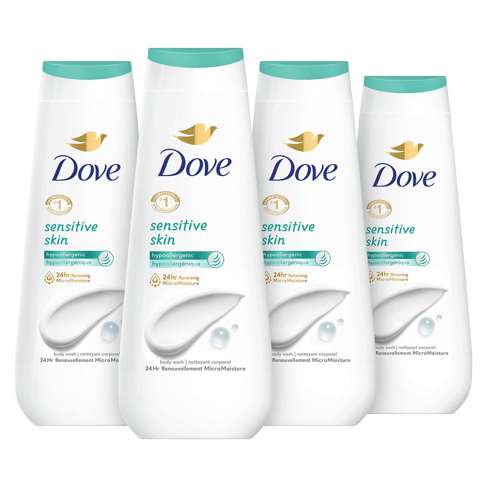 Bouteilles Dove pour peau sensible, pack 4x600 ml, pratique et hydratant.