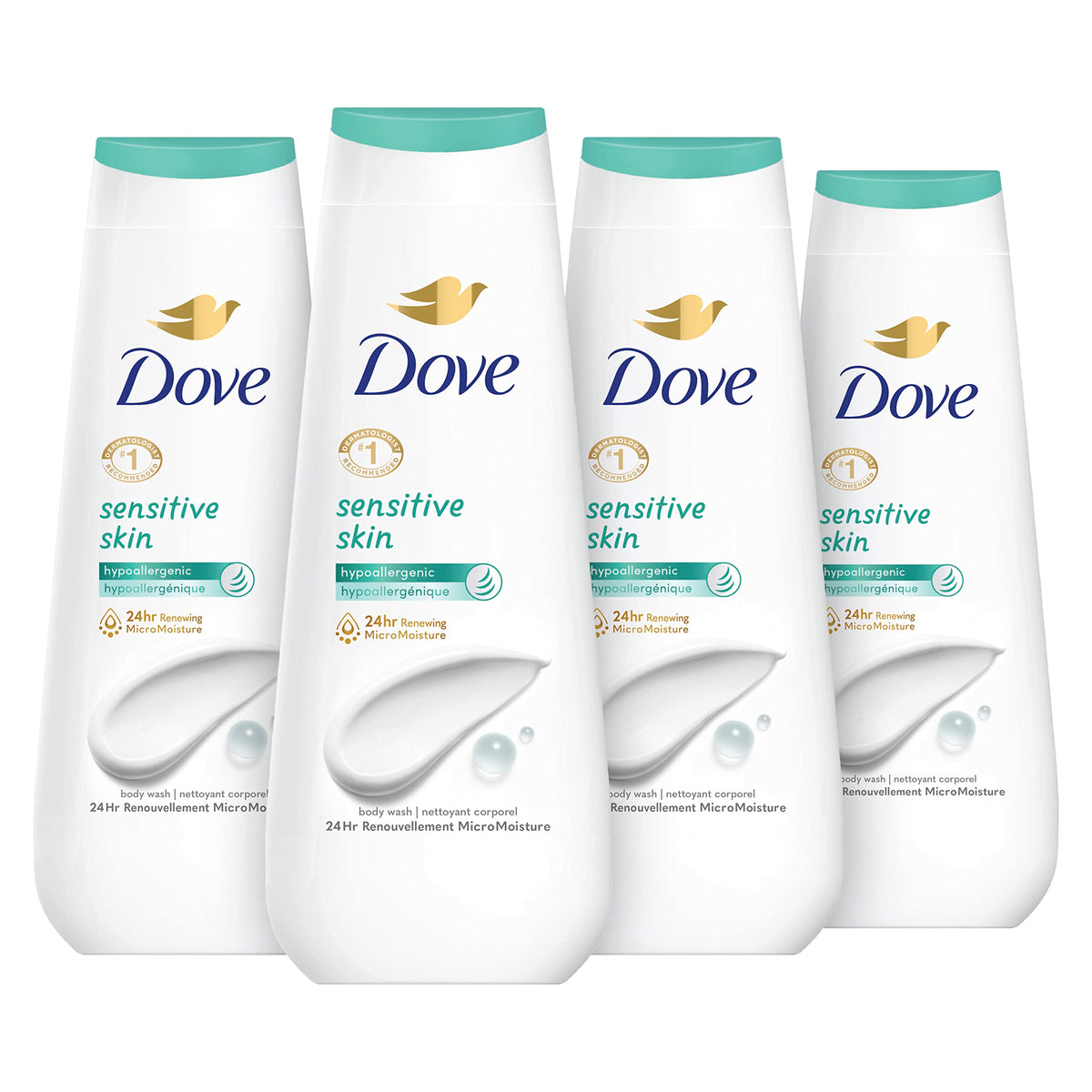 Bouteilles Dove pour peau sensible, pack 4x600 ml, pratique et hydratant.