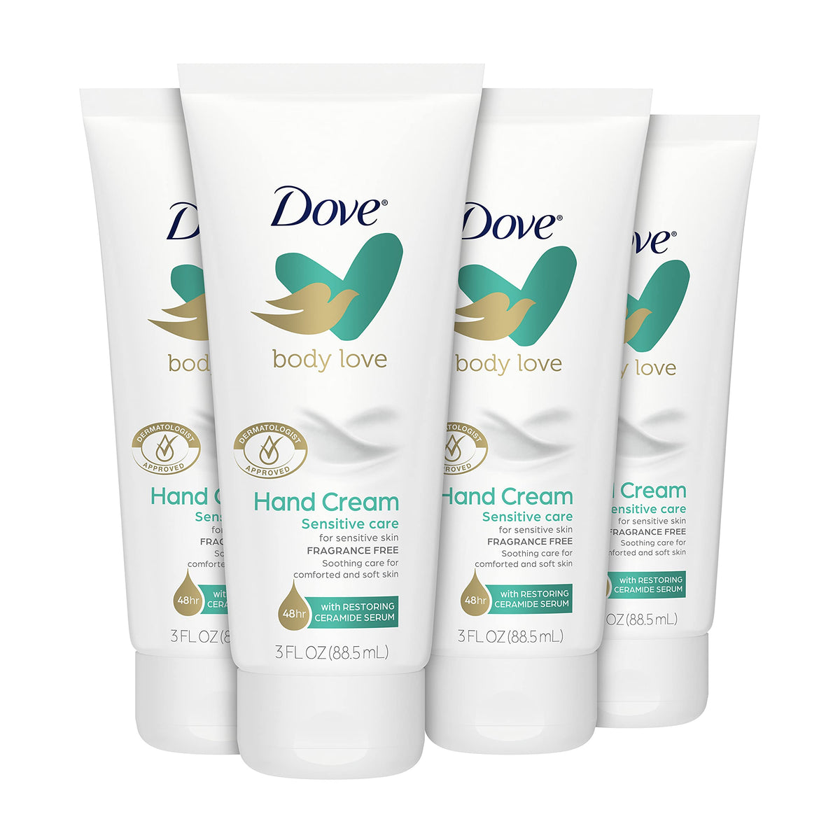Crème pour mains Dove Body Love Sensitive Skin, emballage élégant et pratique.