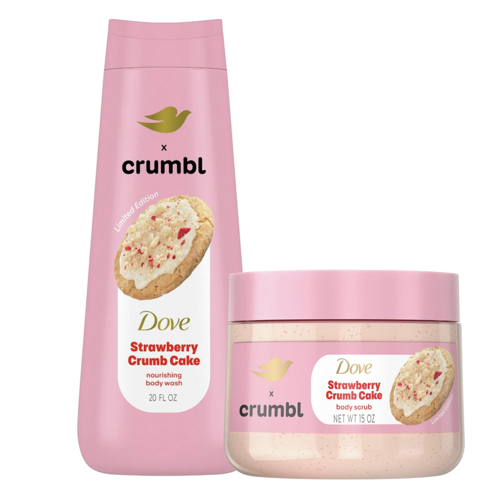 Gel douche Dove Crumbl Fraise sur peau hydratée et parfumée.