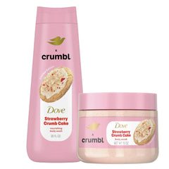 Gel douche Dove Crumbl Fraise sur peau hydratée et parfumée.