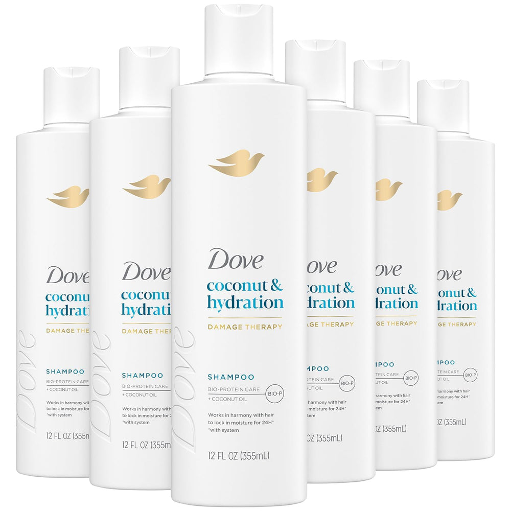 Dove Damage Therapy — bouteille avant utilisation, cheveux plus doux et hydratés.