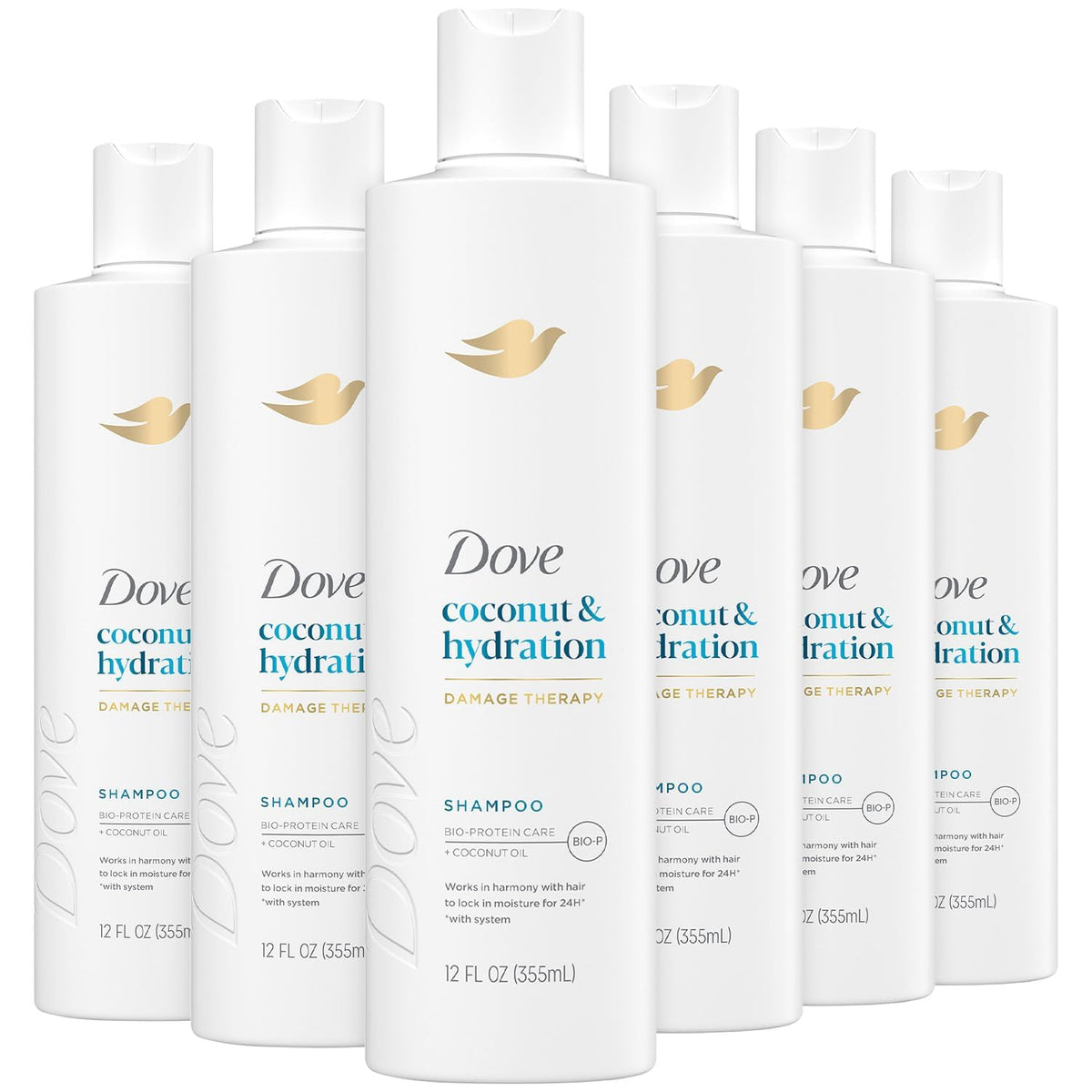 Dove Damage Therapy — bouteille avant utilisation, cheveux plus doux et hydratés.