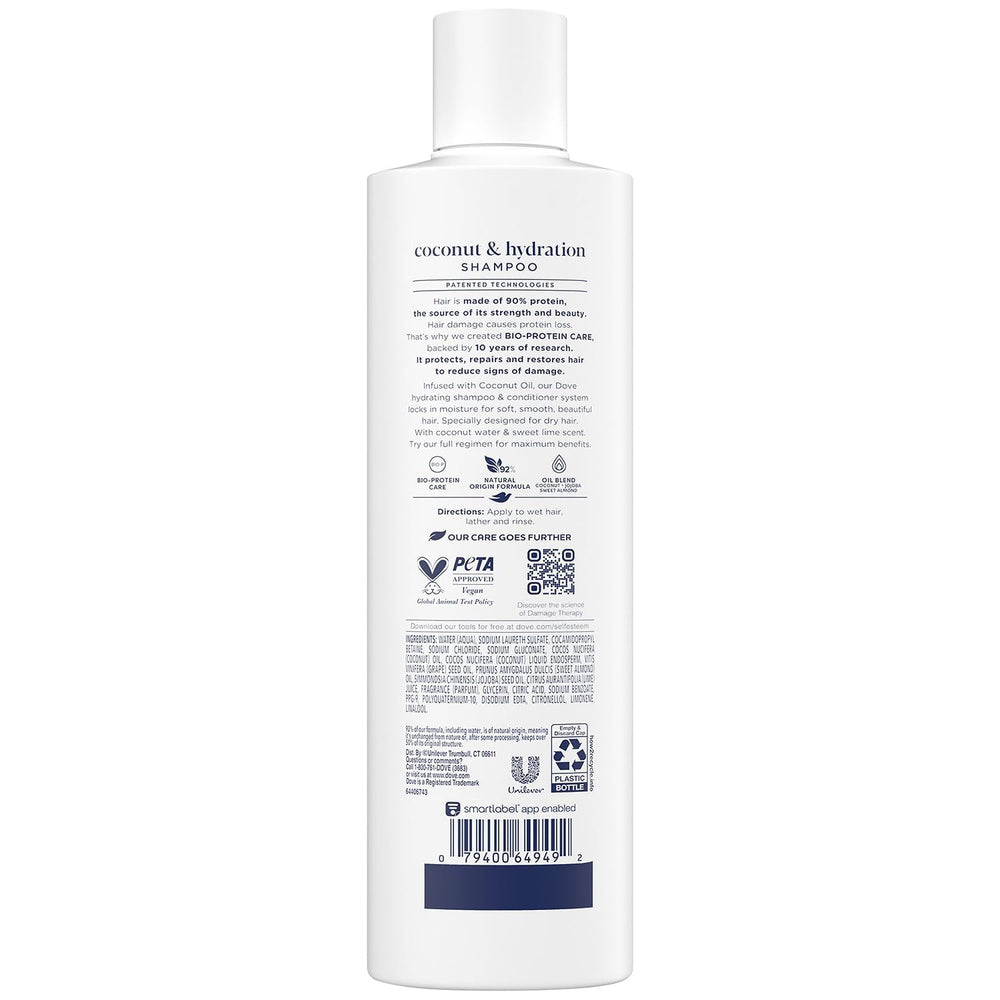 Dove Damage Therapy — ingrédients coco-lime visibles, hydratation durable des cheveux.