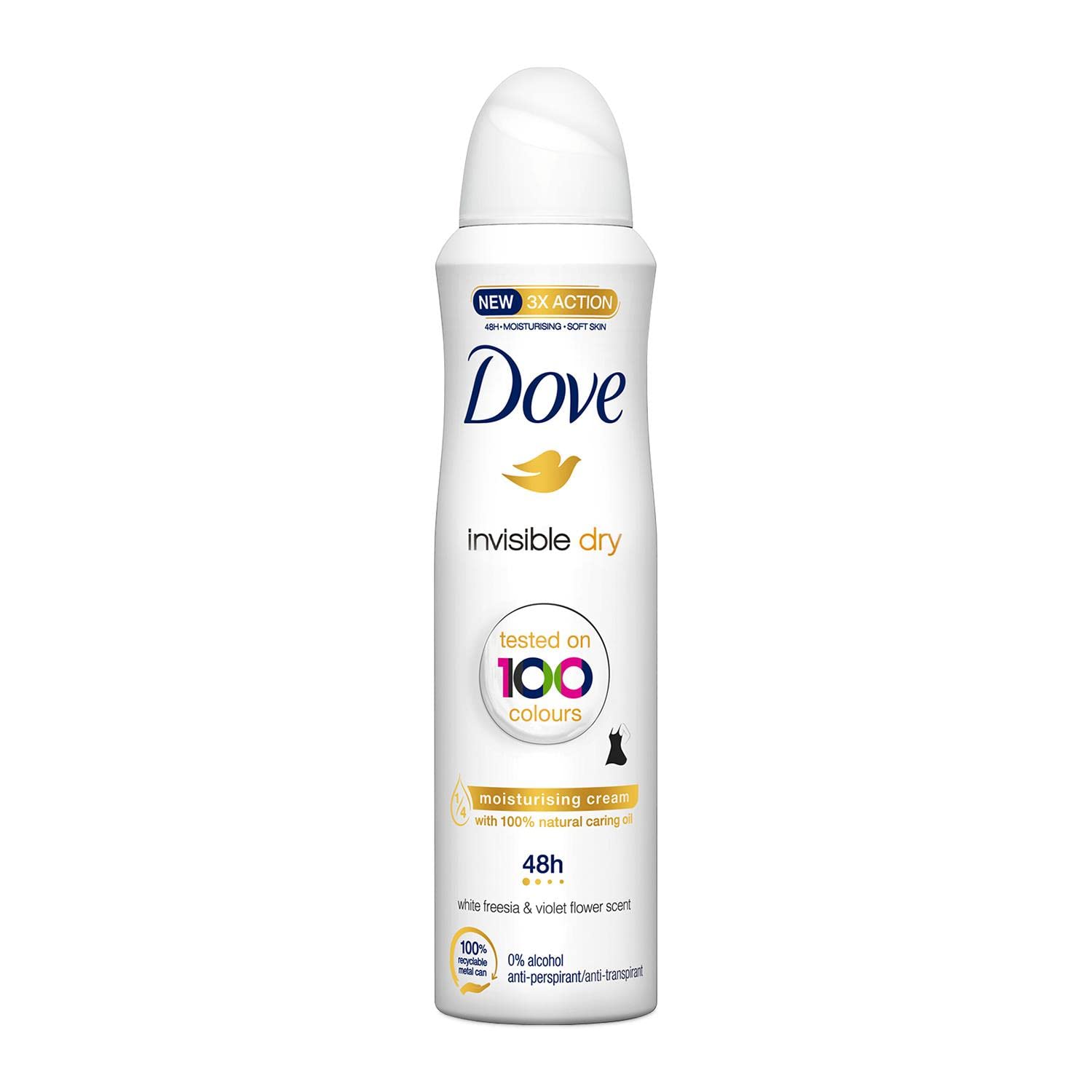Dove Déodorant Invisible Dry protège 24 heures sans traces blanches sur les vêtements.