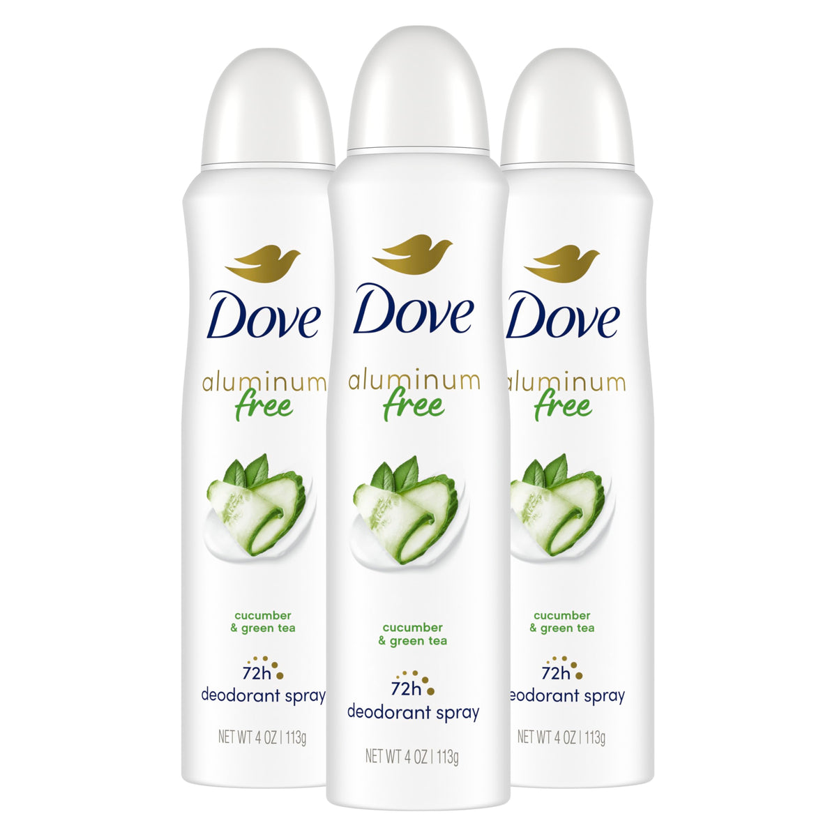 Dove Déodorant sans aluminium Concombre et Thé Vert – bouteille, fraîcheur durable.