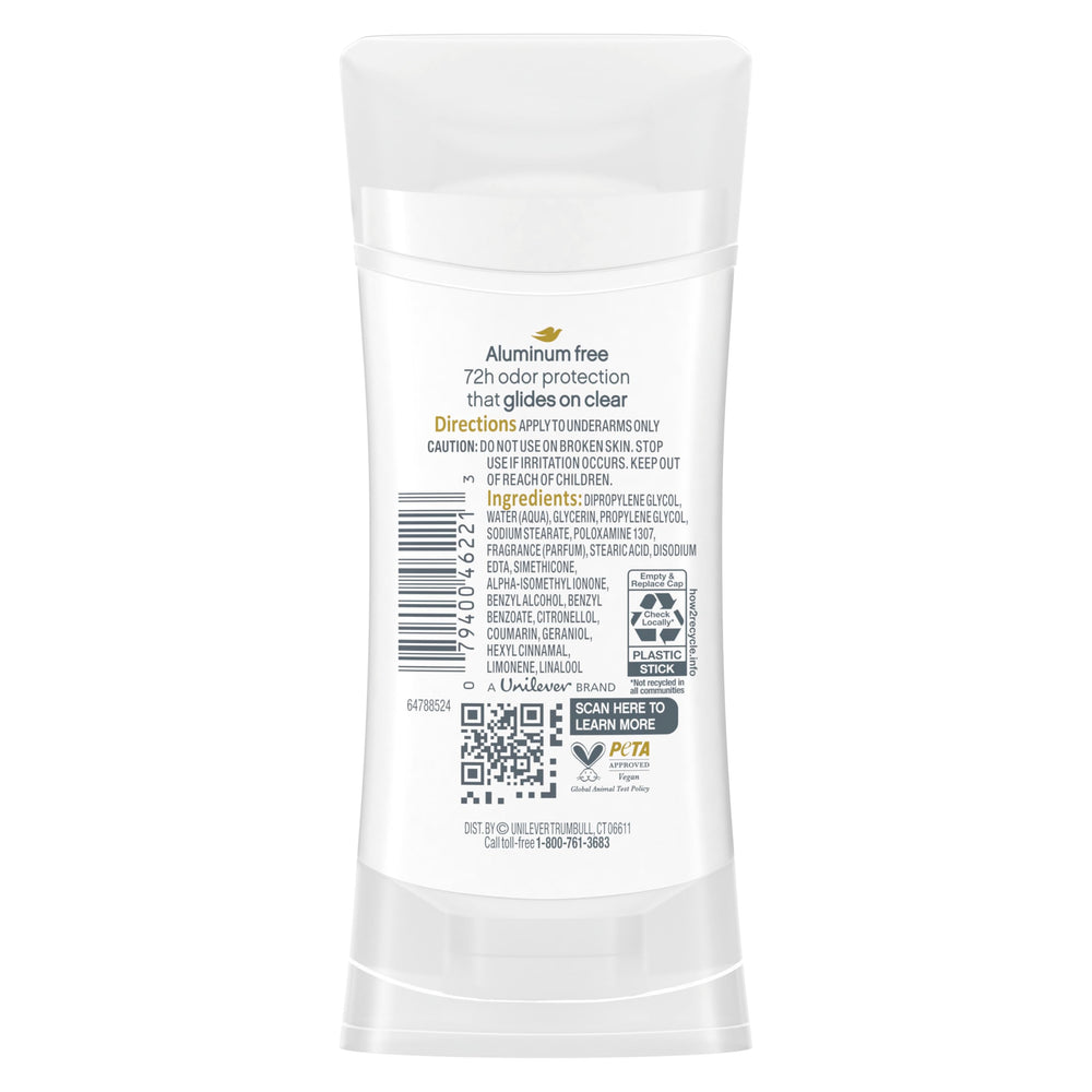 Dove déodorant sans aluminium en baton concombre-thé vert, fraîcheur durable.