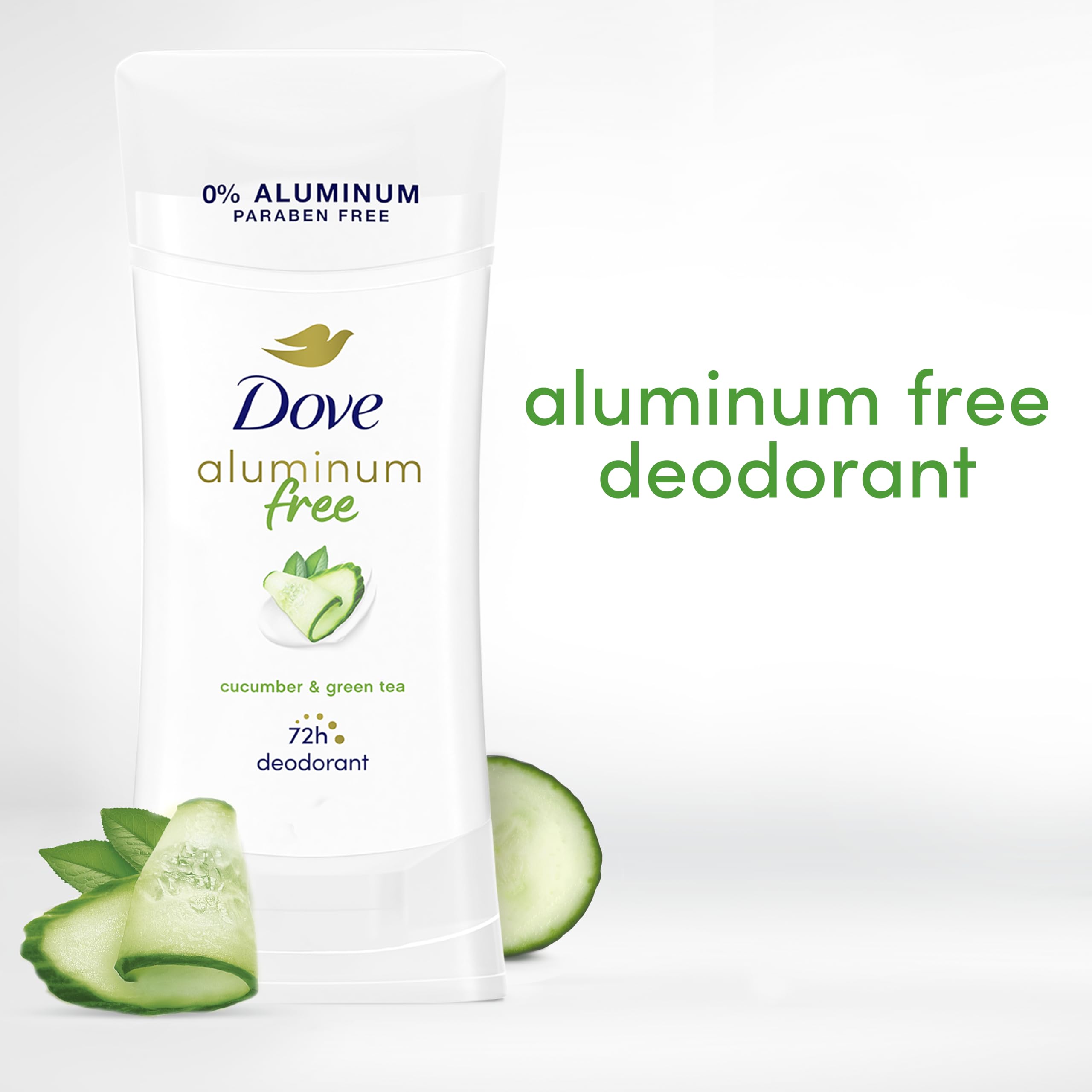 Dove déodorant sans aluminium en baton, parfum frais concombre et thé vert, toucher soyeux.
