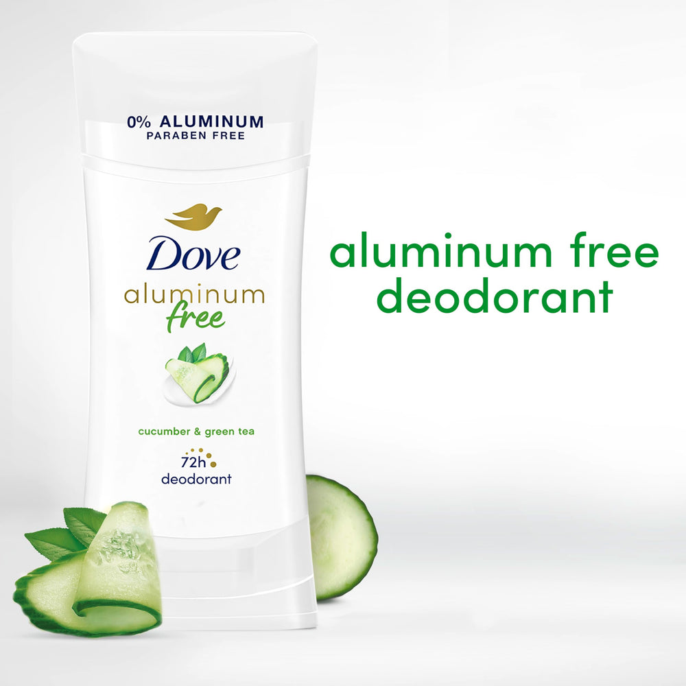 Dove déodorant sans aluminium en baton, parfum frais concombre et thé vert, toucher soyeux.