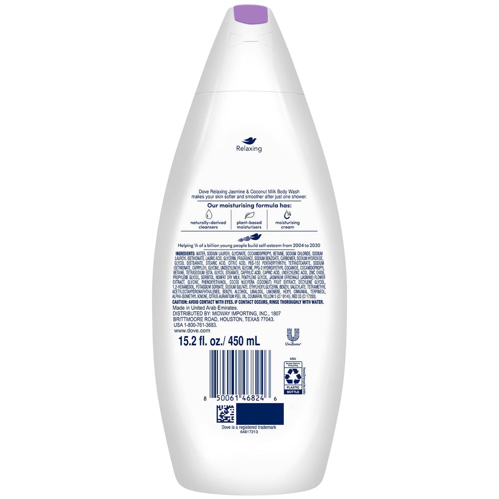 Ensemble de 4 bouteilles Dove Gel Douche Relaxant Jasmin-Coco prêt à l'emploi