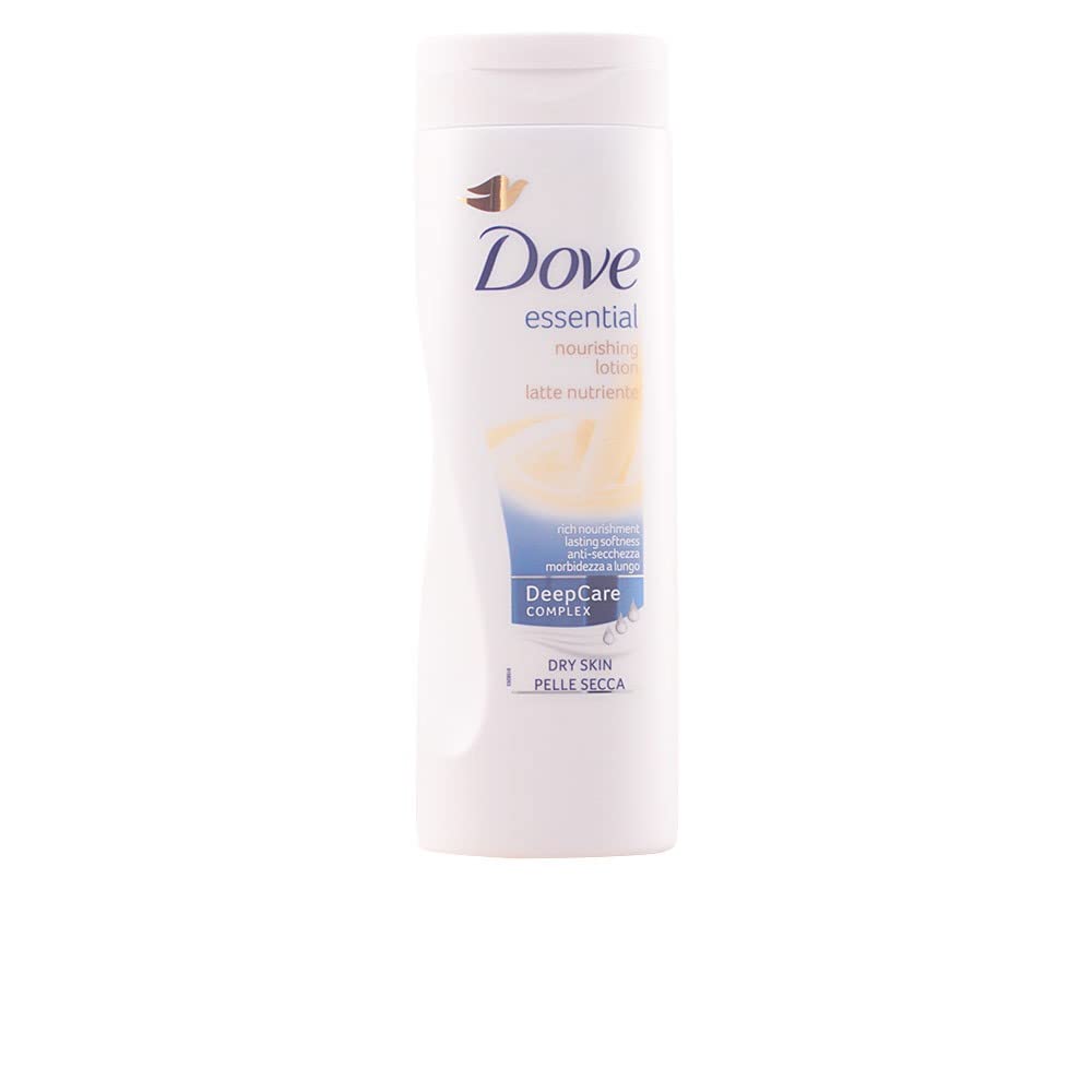 Lotion Dove Essential, bouteille ouverte, hydratation en profondeur pour une peau douce durable.