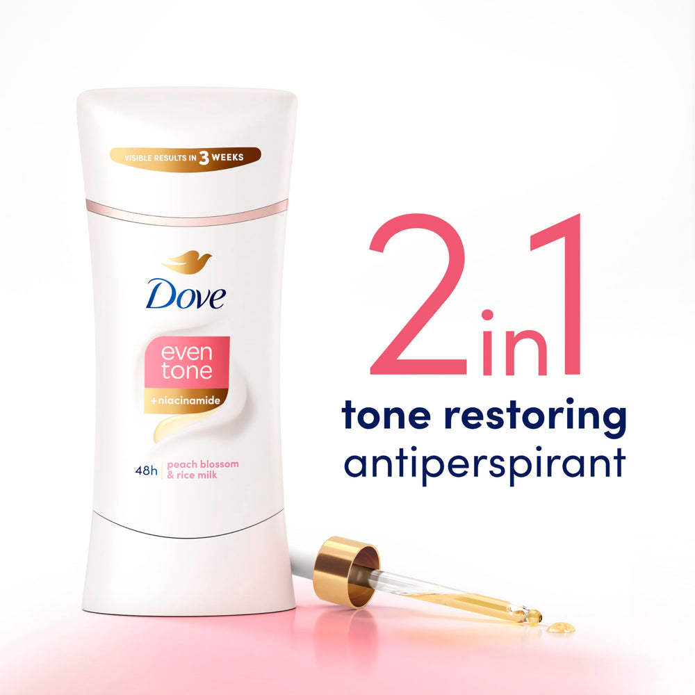 Emballage Dove Even Tone, format pratique et nom du produit.