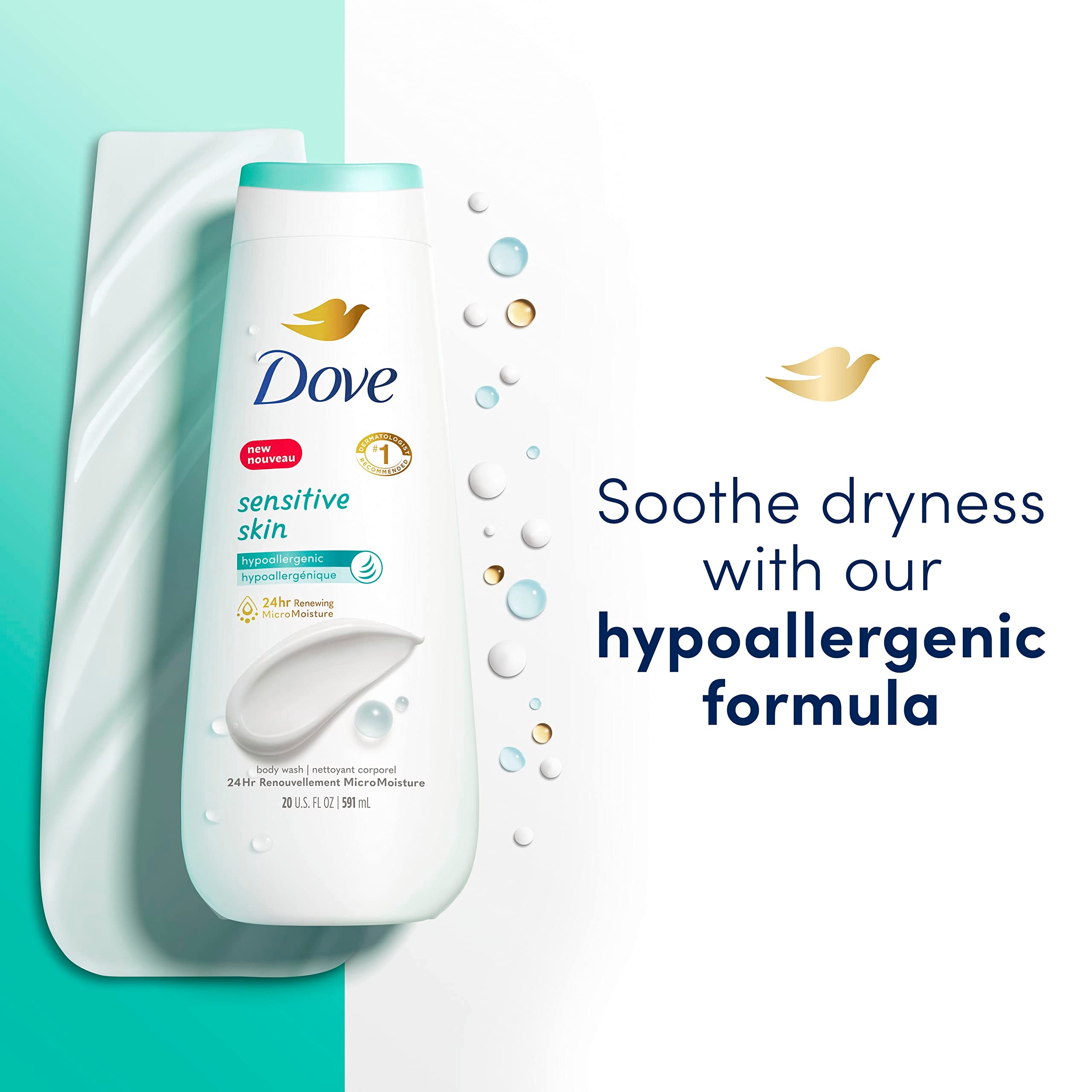 Formule hypoallégénique Dove pour peaux sensibles et confortables.