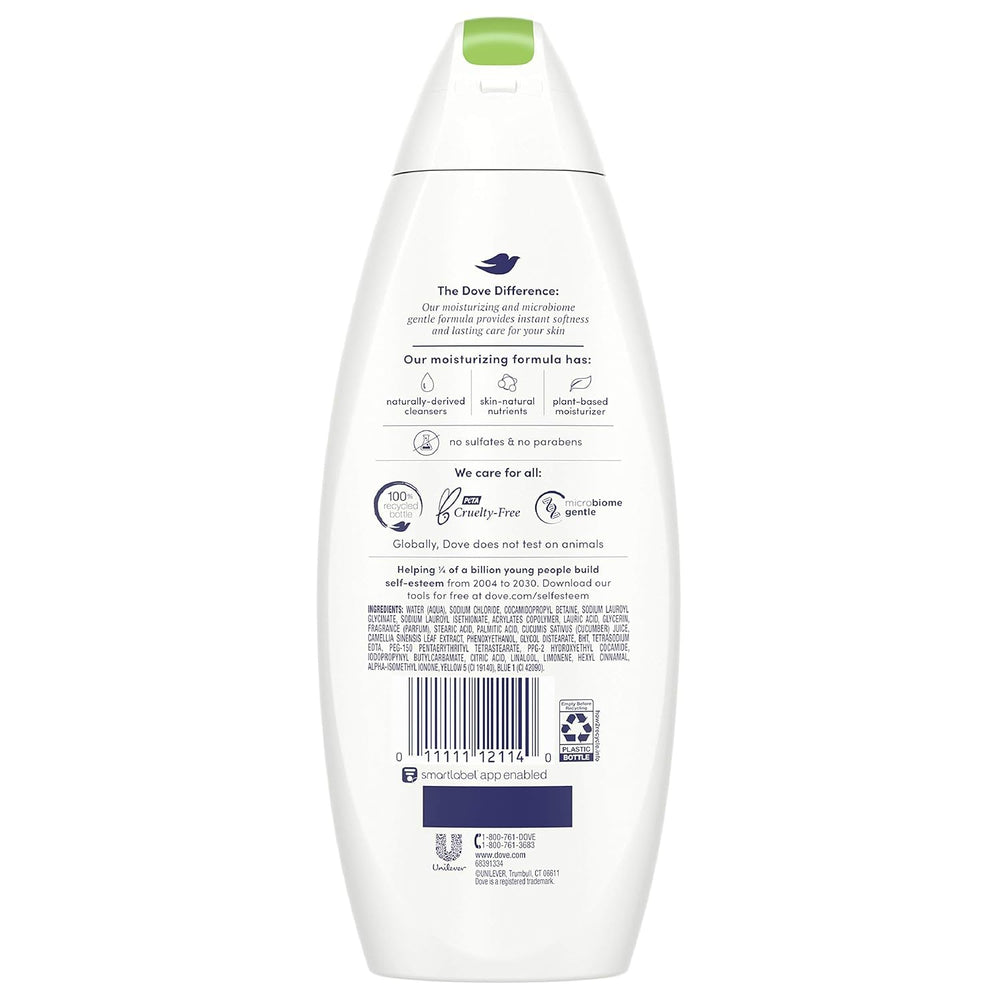Étiquette Dove Concombre et Thé Vert sur le flacon, parfum frais et léger.