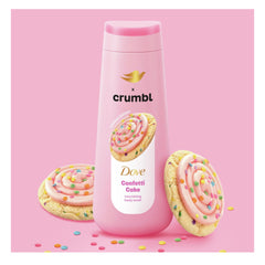 Mise en scène douche avec gel douche et gommage Dove Crumbl Confetti Gâteau