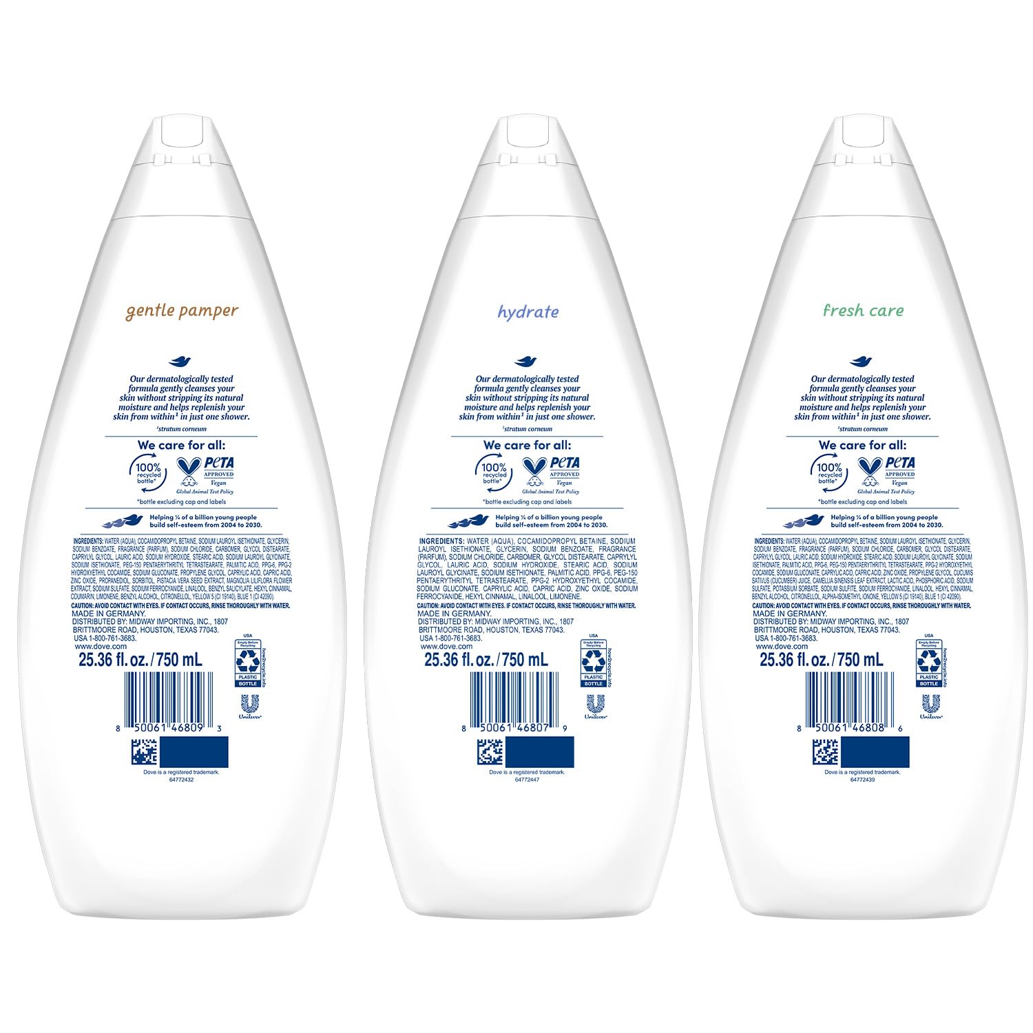 Gel douche Dove Fresh Care, parfum frais offrant une sensation de propreté durable.