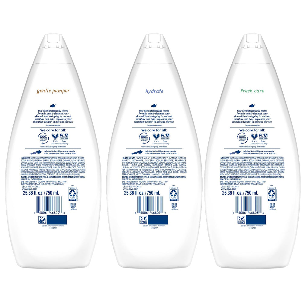 Gel douche Dove Fresh Care, parfum frais offrant une sensation de propreté durable.