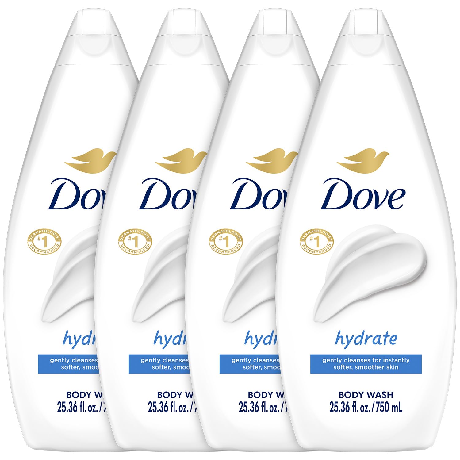 Gel douche hydratant Dove, lot de quatre bouteilles, idéal pour toute la famille.