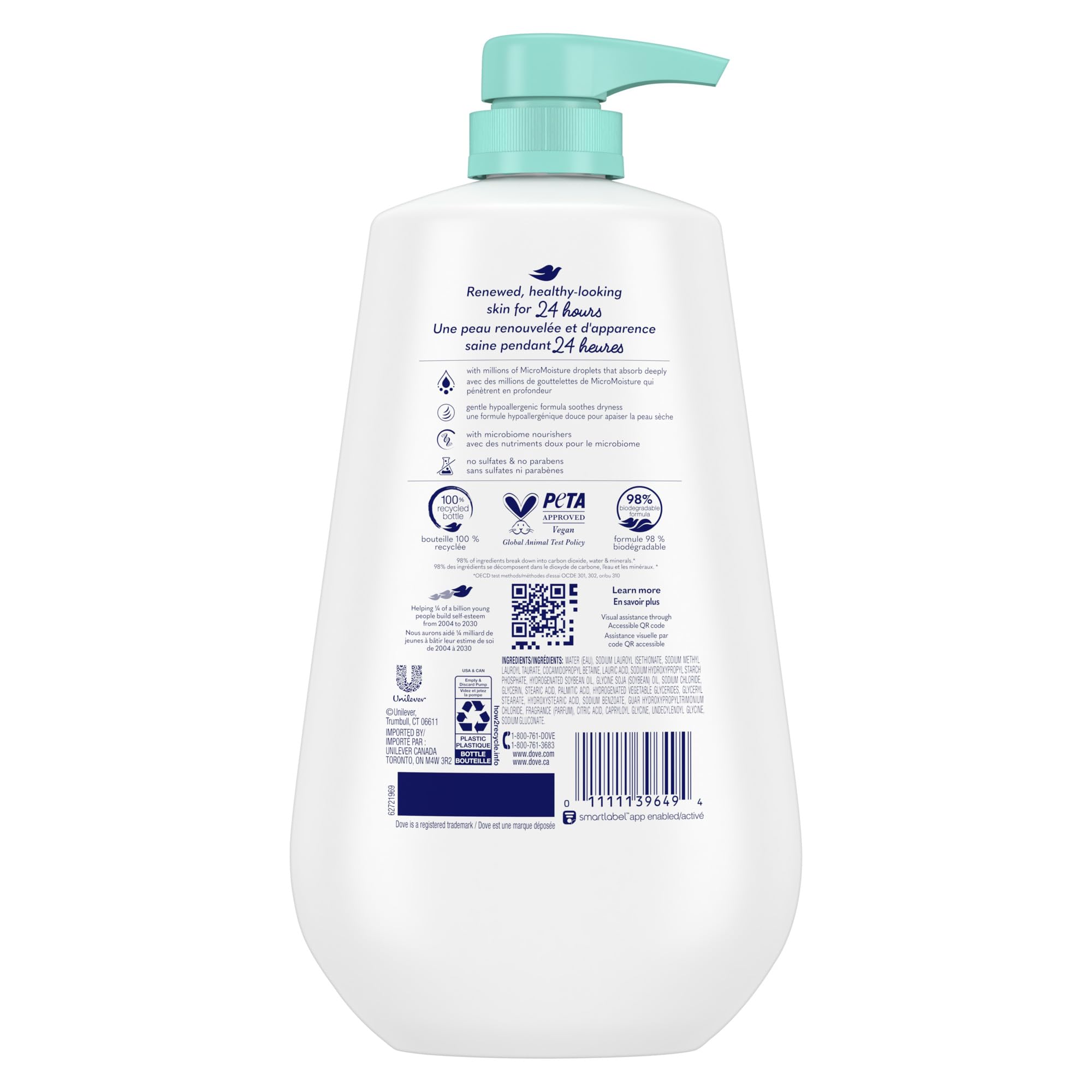 Gel douche Dove hydratation nourrissante pour peau sensible après la douche.