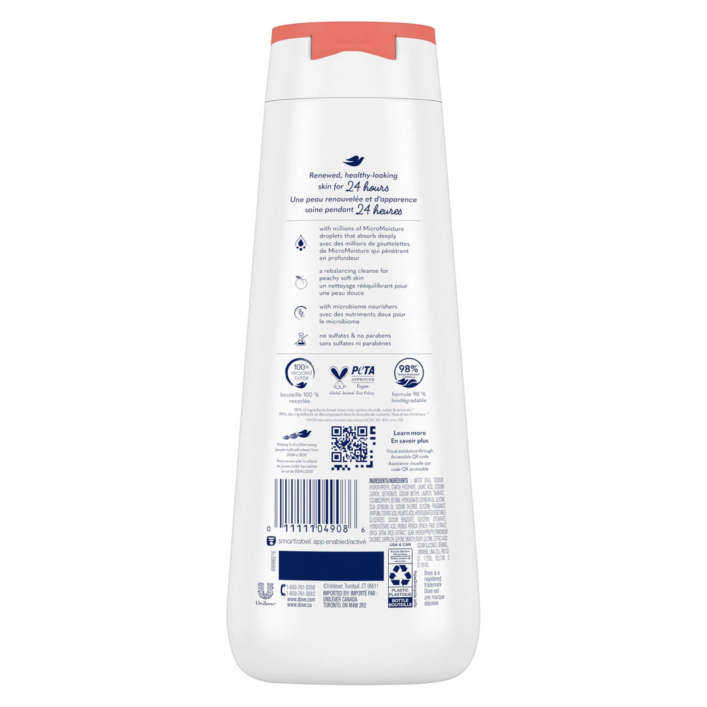Parfum pêche blanche et lait de riz du gel douche Dove.