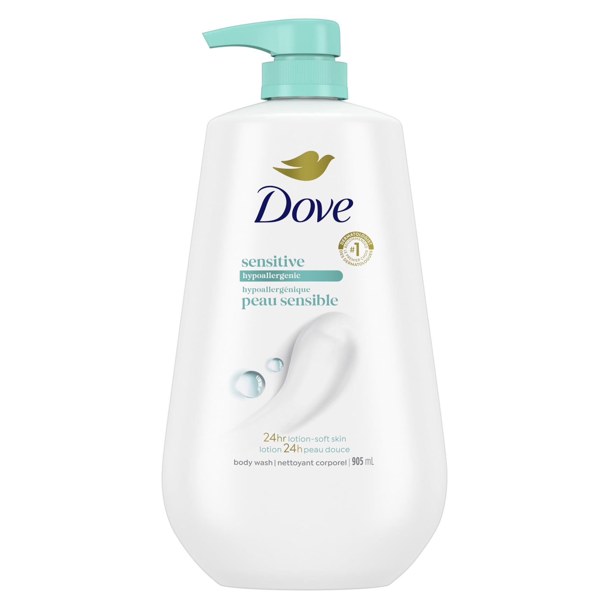 Gel douche Dove pour peau sensible, lot 3 x 1 L, douceur et hydratation.