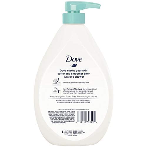 Dove Gel Douche Peau Sensible, pompe pratique et mousse généreuse.
