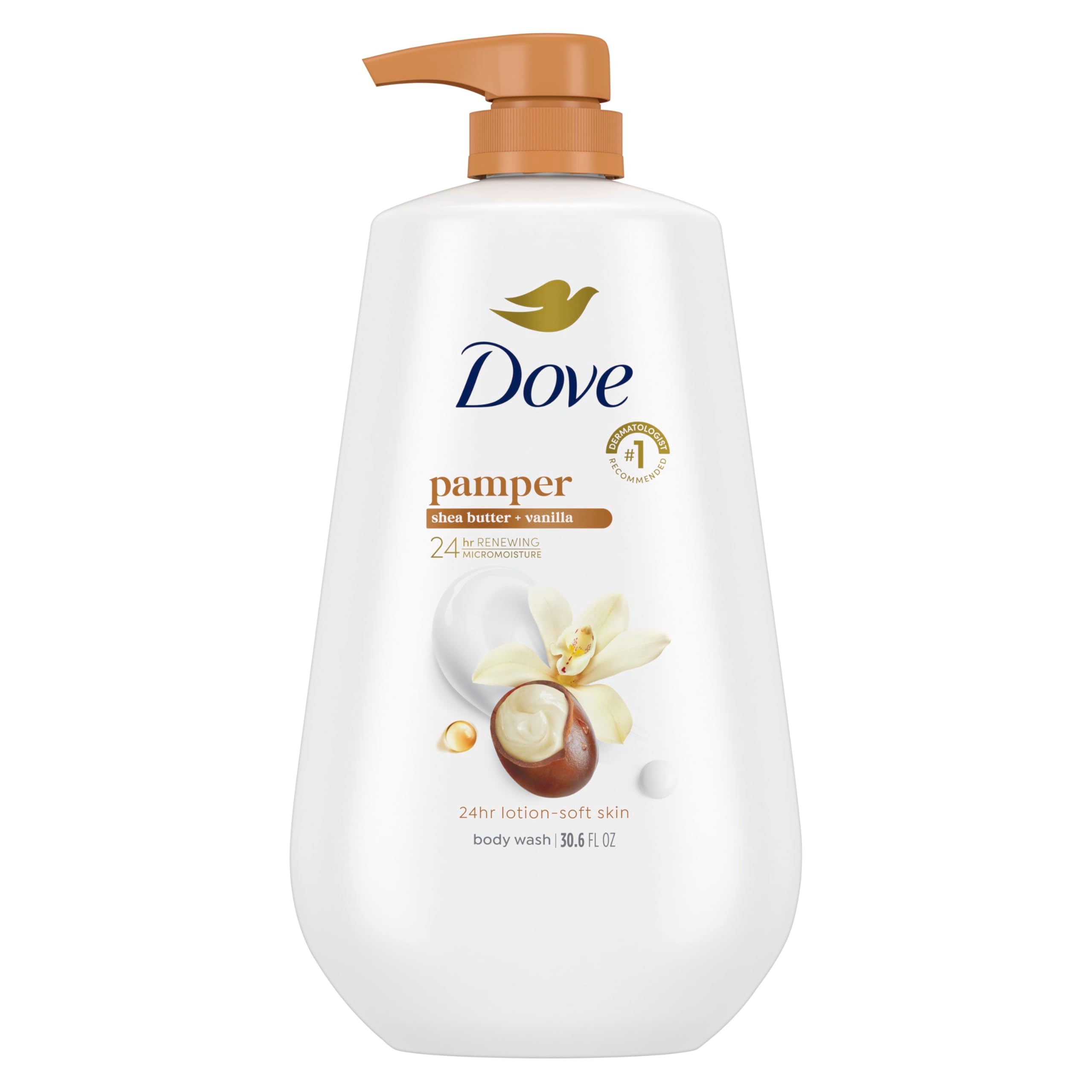 Gel douche Dove pompe pamper avec beurre karité vanille pour hydratation douce