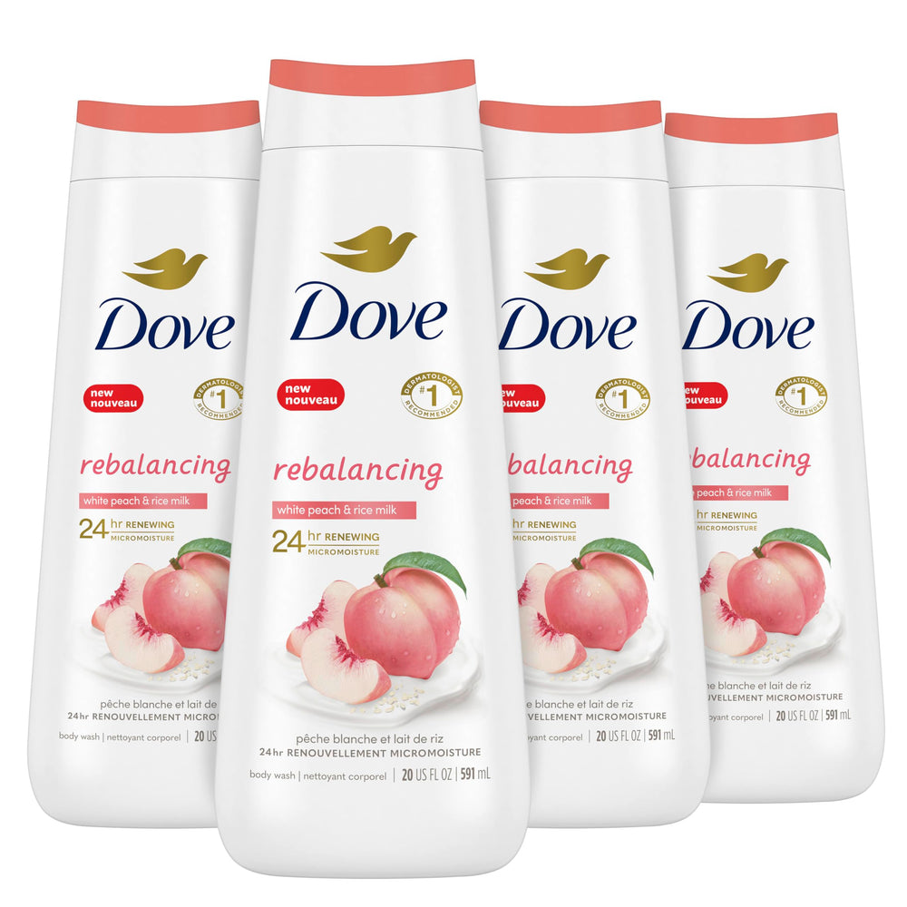 Gel douche Dove Rebalancing dans la bouteille, hydratation durable.