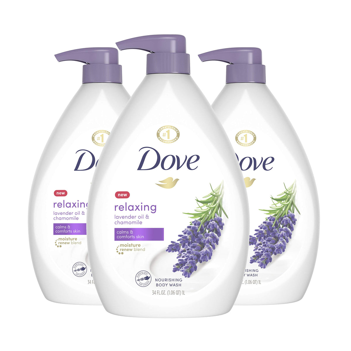 Gel douche Dove relaxant lavande et camomille sur pompe, douceur après la douche.