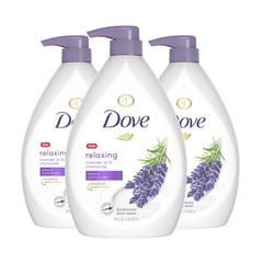 Gel douche Dove relaxant lavande et camomille sur pompe, douceur après la douche.
