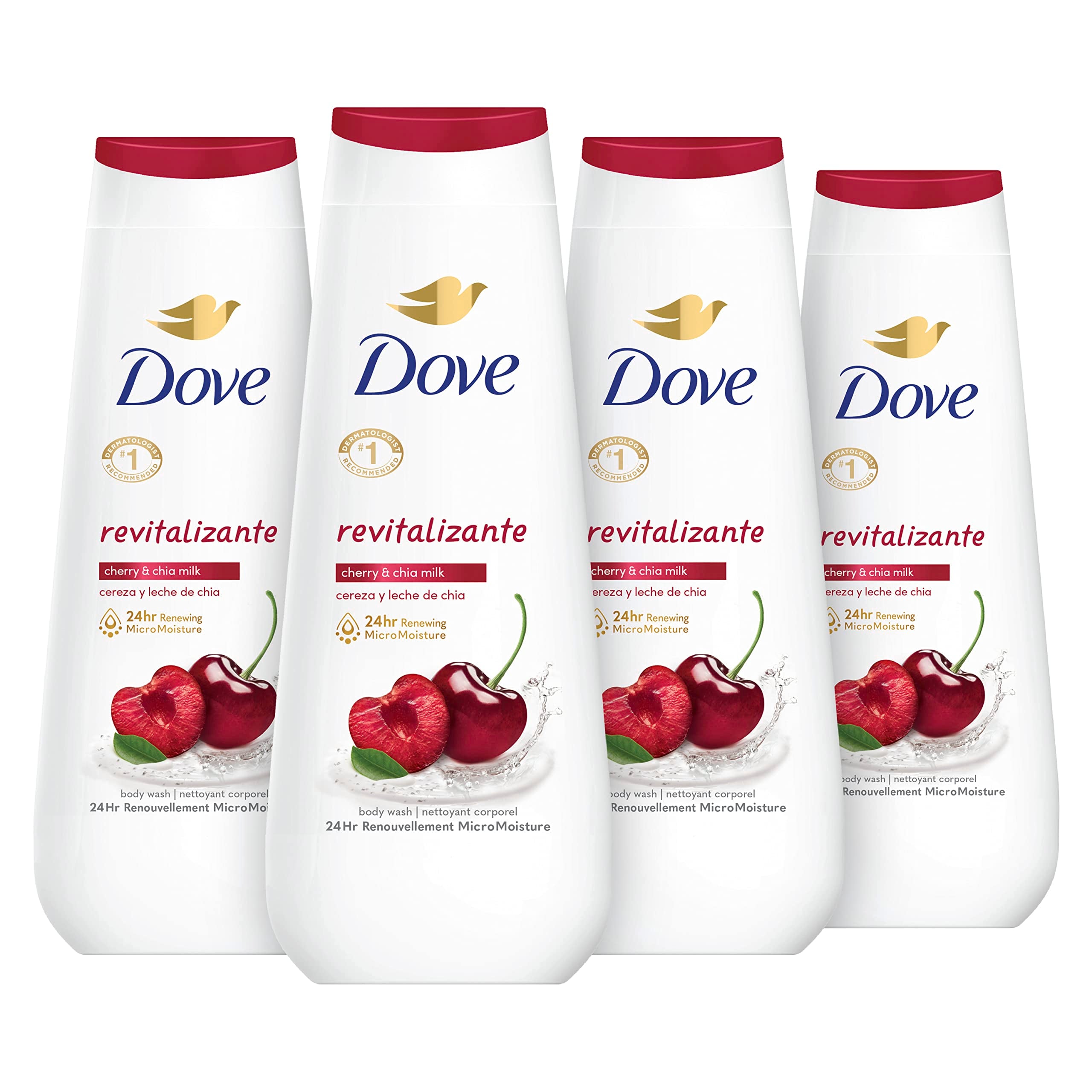 Bouteille Dove Gel Douche Revitalisant Cerise et Lait de Chia prête à hydrater.