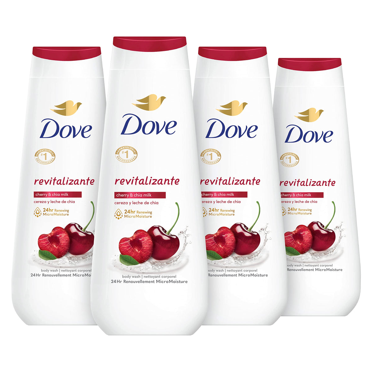 Bouteille Dove Gel Douche Revitalisant Cerise et Lait de Chia prête à hydrater.